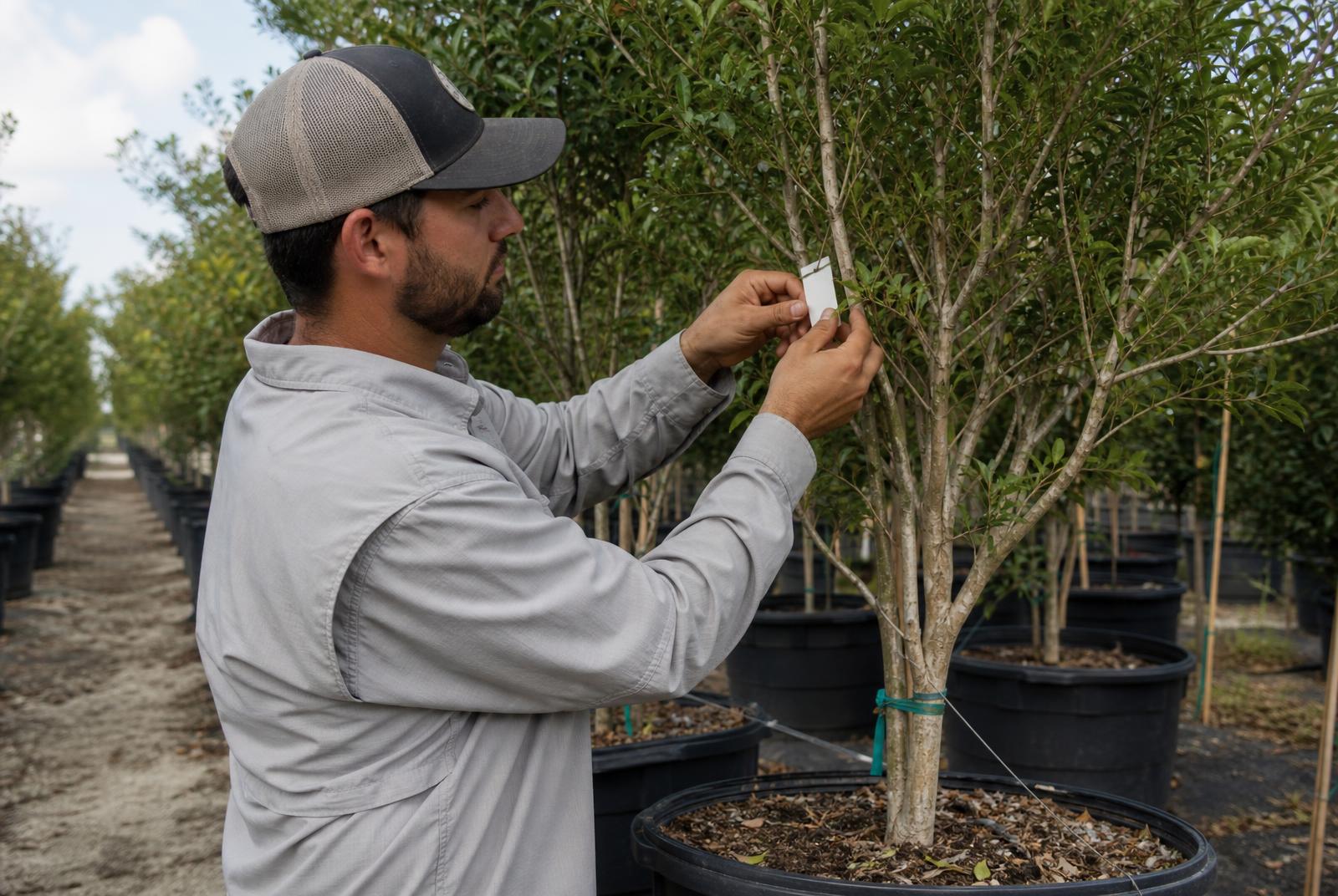 Nursery grower tagging a containerized ornamental tree in the field